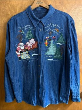 Vintage 90s Christmas Embroidered Denim Button Up Jean Shirt XL Santa Claus Tree